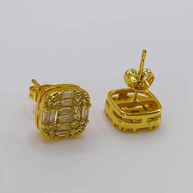 Square Cut Clustered Iced Stud Earrings - Gold