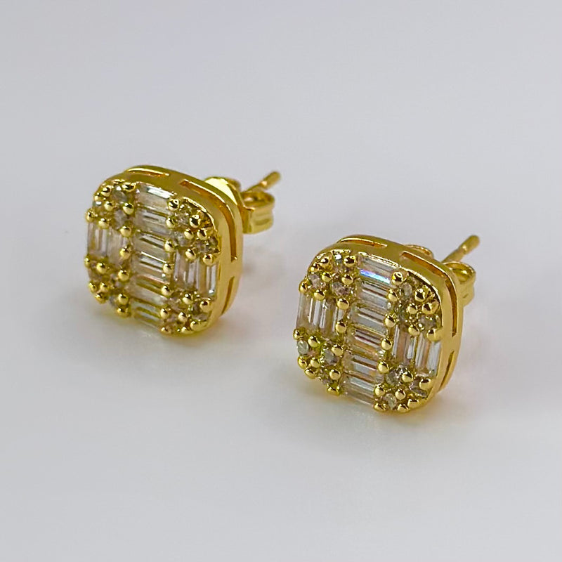 Square Cut Clustered Iced Stud Earrings - Gold